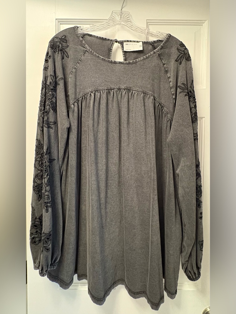 ASOS Washed Charcoal Gray Embroidered Long-Sleeve Mini Dress